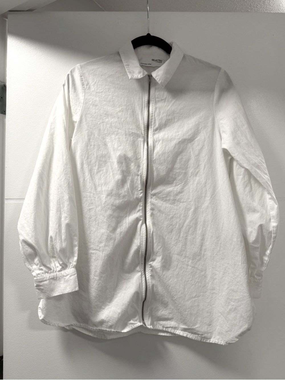Selected Femme White Zip Front Shirt Jacket | Balloon Sleeve Overshirt | EU 34